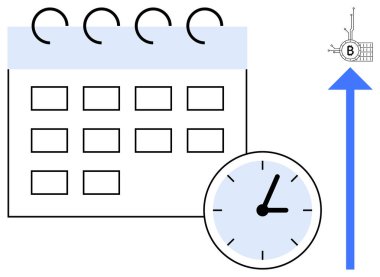 Kutulu takvim ve yükselen bir ok ve Bitcoin sembolünün yanında bir saat. Dijital finans, kripto para birimi trendleri, yatırım programları, finansal planlama ve zaman yönetimi için ideal. Basit.