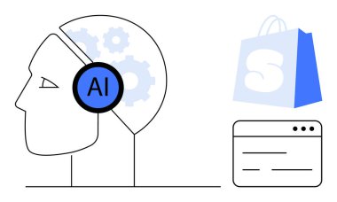 Yapay zeka ve viteslerle sadeleştirilmiş insan kafası, bir alışveriş torbası ve web tarayıcı penceresi. Yapay zeka, teknoloji entegrasyonu, e-ticaret, web tasarımı ve gelecekteki perakende konseptleri için ideal. Asgari ve modern stil