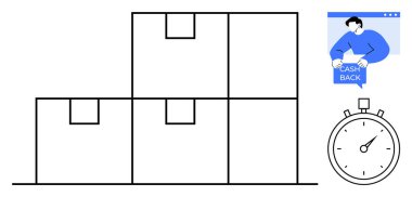 Dört kutu ve bir kronometre verimli bir lojistik ve hızlı bir işlem öneriyor. Bir adam nakit para teklif ediyor. E-ticaret, dağıtım hizmetleri, online alışveriş, müşteri teşvikleri için ideal