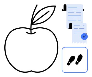 Yapraklı siyah elma, işaretli mavi belgeler ve mavi karede siyah ayak izi sembolü. Sağlık, beslenme, eğitim, spor ve başarı için idealdir. Minimalist stil