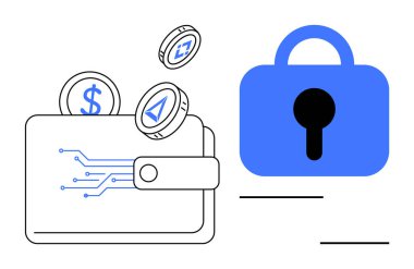 Sanal bozuk paralar ve mavi asma kilit sembollü dijital cüzdan. Finans, kripto para birimi, dijital güvenlik, çevrimiçi işlemler ve fintech kavramlar için ideal. Minimalist ve temiz stil