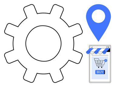 Mavi konum kodlu bir vites teknolojisi ikonu ve online alışveriş arabasını gösteren bir akıllı telefon ekranı. Teknoloji e-ticaret navigasyon alışverişi ve uygulama geliştirme için ideal. Basit temiz biçim