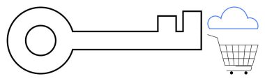 Temalar için ideal bir alışveriş arabasının üstündeki bulutun yanında basit bir çizgi sanatı, çevrimiçi güvenlik, e-ticaret depolama dijital anahtarları ve güvenli işlemler Minimalist modern tarz