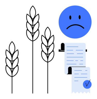 Mavi yüzlü üzgün surat ve üzerinde çek işareti olan uzun bir makbuzun yanında üç buğday sapı. Tarımsal sorunları, duygusal tepkileri, aşırı evrak yükünü, ekonomiyi, üretkenliği resmetmek için ideal