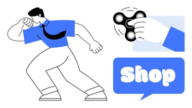 Gömlekli ve kravatlı bir iş adamı, bir dükkan konuşma baloncuğuyla birlikte el hareketli bir fırıldak tutarken yanında duruyor. E-ticaret, pazarlama, reklam, oyuncaklar ve iş temaları için ideal