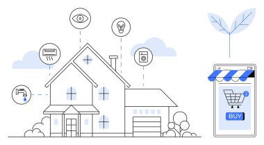 Güvenlik kameraları, ışıklandırma, termostat ve mobil uygulama ile kontrol edilen çamaşır makinesi gibi cihazları olan akıllı bir ev. Akıllı teknoloji, ev otomasyonu, IOT, güvenlik ve enerji için ideal