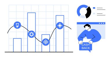 Mevsimlik sembolleri ve çizgi grafiği olan çubuk grafik, pasta tablosu ve nakit para tutan kişi. Ticari analiz, mali planlama, pazarlama stratejileri, mevsimsel eğilimler ve veriler için ideal