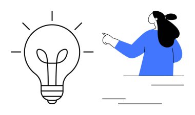 Parlayan ampulü işaret eden kadın yeni fikri, yaratıcılığı, yeniliği ve ilhamı sembolize ediyor. İş sunumları, eğitim materyalleri, beyin fırtınası oturumları, yaratıcı tasarımlar için ideal