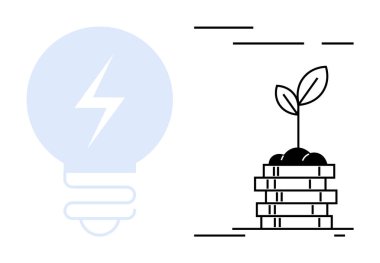 Yıldırım sembollü bir ampul ve toprak ve ahşap blokların içinde büyüyen küçük bir bitki. Yaratıcılık, yenilik, büyüme, sürdürülebilirlik ve enerji verimliliği için ideal. Minimalist vektör biçimi
