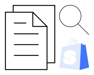 İki belge, bir büyüteç ve bir alışveriş çantası görünür. İş, araştırma, e-ticaret, alışveriş, bilgi araması ve dijital pazarlama için ideal. Basit çizgi sanat biçimi