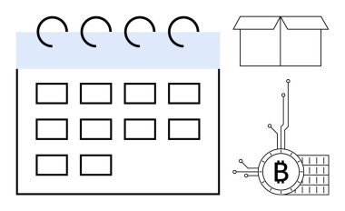 Bitcoin sembolü ve açık kutulu takvim taslağı. Zaman yönetimi, kripto para birimi, programlama, engelleme zinciri teknolojisi ve minimalist tasarım temaları için ideal. Temiz çizgi sanat tarzı