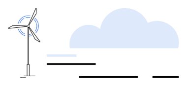 Minimalist bir manzarada büyük bir bulutun yanında dönen bıçakları olan rüzgar türbini. Yenilenebilir enerji, sürdürülebilirlik, çevre bilinci, temiz teknoloji, çevre dostu için idealdir. Basit çizgiler