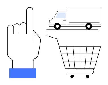 Outlined hand pointing up a delivery truck and a shopping cart. Ideal for online shopping logistics delivery services customer interaction and ecommerce themes. Minimalist design approach clipart