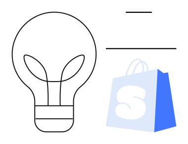 Minimalist tasarımlı bir ampul ve alışveriş çantasının taslağı. Çevrimiçi alışveriş, yenilik, yaratıcılık, e-ticaret ve teknoloji için ideal. Temiz çizgiler ve basit şekiller. Modern vektör biçimi
