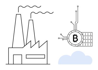 Factory with smoke stacks is juxtaposed with Bitcoin symbol and digital circuit lines. Ideal for cryptocurrency mining technology fintech industry industrial revolution environmental impact digital clipart