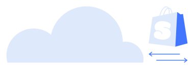 Okları olan bir alışveriş çantasının yanında mavi bulut. Dijital hizmetler, bulut depolama, online alışveriş, e-ticaret, bulut hesaplama için ideal. Basit tasarım biçimi