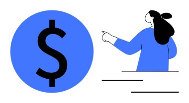 Bir kadın, temiz ve minimalist bir tasarımda büyük bir dolar sembolünü işaret eder. Finansal hizmetler, para yönetimi, iş sunumları, yatırım rehberleri ve bütçe planlaması için ideal. Basit.