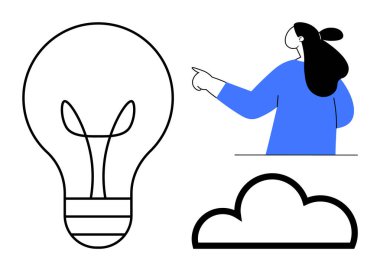 Ampul, işaret eden kişi ve bulut ana hatları yaratıcılığı, yeniliği, fikirleri ve bulut hesaplamasını özetliyor. Teknoloji, beyin fırtınası, eğitim, iletişim ve iş konuları için ideal