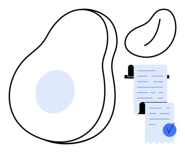 Çukurlu ve fasulyeli bir avokado çizgisi. Yanında da iki makbuz ve işaret işareti var. Sağlıklı beslenme, market alışverişi, yemek planlaması, beslenme takibi ve minimalist için ideal.