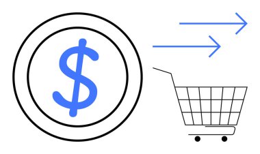 Çemberin içinde bir dolar işareti, sağa bakan oklar ve bir alışveriş arabası taslağı. E-ticaret, çevrimiçi alışveriş, finans, perakende pazarlama, iş trendleri için ideal. Basit ve modern stil