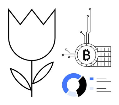 Lale çiçeğiyle sadeleştirilmiş siyah beyaz illüstrasyon, dijital çizgilerle bağlantılı bir Bitcoin sembolü ve bir pasta grafiği. Finansal büyüme, kripto para birimi, yatırımlar ve piyasa için ideal