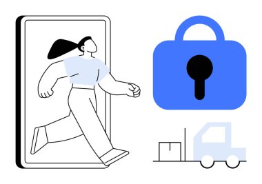 Çizgi film stili bir insan akıllı telefondan çıkıyor. Sağlarında mavi bir asma kilit ve kutu taşıyan açık mavi bir kamyon var. Dijital güvenlik, lojistik, çevrimiçi mahremiyet ve mobil teknoloji konuları için ideal