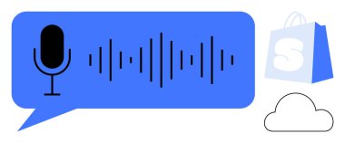 Mikrofonu ve ses dalgaları olan mavi bir konuşma balonu. Yanında S ve bulut simgesi olan bir alışveriş çantası var. E-ticaret için ideal yapay zeka bulut ses teknolojisi
