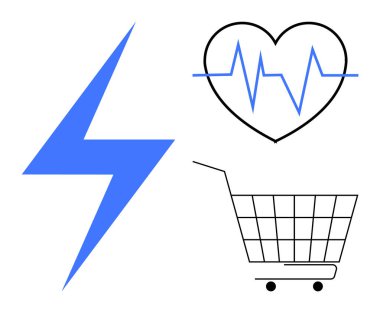 Alışveriş konsepti. Mavi yıldırım enerjiyi simgeler, kalp atışı sağlığı simgeler, alışveriş arabası da ticareti simgeler. Enerji, sağlık, e-ticaret, yaşam tarzı için ideal