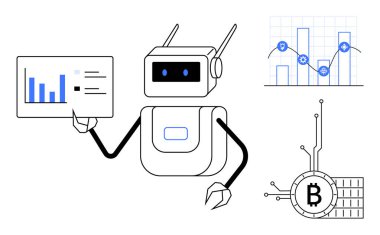 Analitik otomasyonu temsil eden bir veri tablosu tutan bir robot. Yakınlarda, devre çizgilerine bağlı bir Bitcoin sembolü şifreli para birimini simgeler. Vitesli bir grafik engelleme teknolojisini vurgular