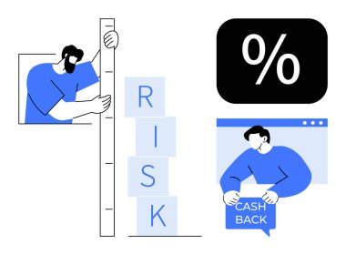Adam riskleri cetvelle ve heceleme riskiyle ölçerken diğer adam nakit levhası tutuyor. Kara kutuda yüzde işareti. İş, finans, risk yönetimi ve yatırımlar için ideal