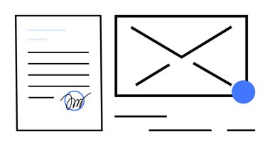 İmzalı bir belge ve üzerinde uyarı noktası olan bir zarf. Dijital iletişim, e-posta hizmetleri, sözleşme imzalama, online yazışmalar ve ofis verimliliği için ideal. Basit grafik