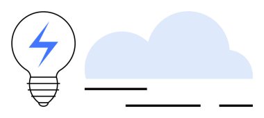 Açık mavi bulutun yanında mavi yıldırımlı ampul. Yenilik, bulut hesaplama, teknoloji, yaratıcılık ve modern çözüm temaları için idealdir. Basit minimalist stil