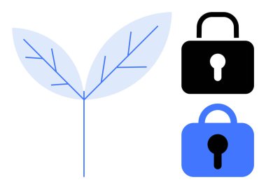 İki asma kilit, biri siyah ve biri mavi, saplı mavi yaprağın yanında. Güvenlik, gizlilik, doğa, koruma ve güvenlik konuları için idealdir. Basit elementler ve grafiklerle temiz ve minimalist tasarım