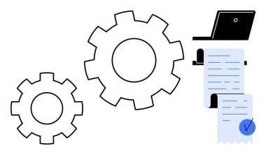 Bir dizüstü bilgisayar ve belgelerle birlikte makineleri temsil eden iki vites. Teknoloji, verimlilik, iş dünyası, otomasyon ve yazılım temaları için ideal. Basit bir sanat tarzı. Taşımak için mükemmel