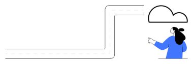 Mavi elbiseli bir kadın kıvrımlı bir yolu işaret ediyor. Üzerinde minimalist bir tasarım olan bir bulut var. Rehberlik kavramsal temalar, eğitim materyalleri, seyahat temsilleri için ideal