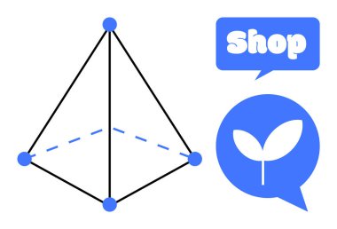 Geometrik piramit, birbirine bağlı noktalar ve sol taraftaki kesik iç çizgi. Mavi konuşma baloncukları, sağ tarafta Dükkan metni ve yaprak ikonu var. Perakende, e-ticaret, bahçıvanlık ve doğa için ideal.