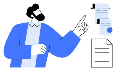 Tamamlandığını gösteren belgeler ve kağıtlarla kontrol listesine bakan bir adam. Proje yönetimi, organizasyon, görev tamamlama, verimlilik, iş stratejisi için ideal. Minimalist stil, mavi