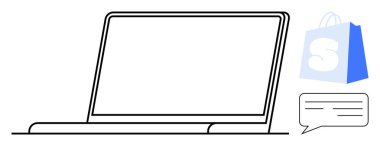 Minimalist bir dizüstü bilgisayar, S harfli mavi bir alışveriş çantası ve konuşma balonu. Ecommerce, online business, digital marketing, müşteri hizmetleri ve web tasarım temaları için idealdir. Çizgi sanatı