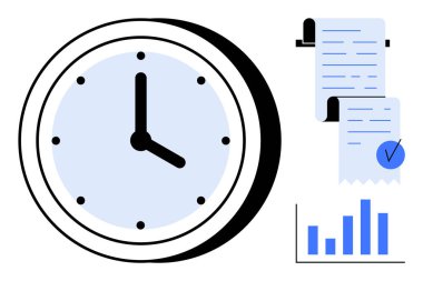 Büyük saat, işaretli belgeler ve çizelge. Üretkenlik, ofis işleri, teslim tarihleri, verimlilik, iş planlaması için ideal. Mavi ve siyah renkli modern, minimalist vektör biçimi