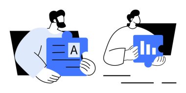 Mavi yapboz parçaları tutan iki kişi, biri metin, diğeri ise grafik içeriyor. Takım çalışması, işbirliği, veri sunumu, iletişim ve eğitim için ideal. Basit vektör biçimi