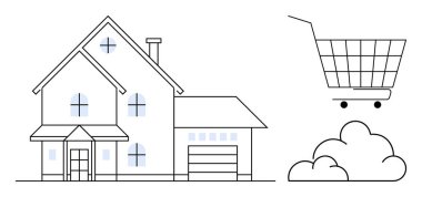 Modern çok katlı ev, alışveriş arabası ve bulut ikonu. Çevrimiçi alışveriş, e-ticaret, bulut hesaplama, emlak ve dijital dönüşüm temaları için ideal. Basit biçim, temiz çizgiler