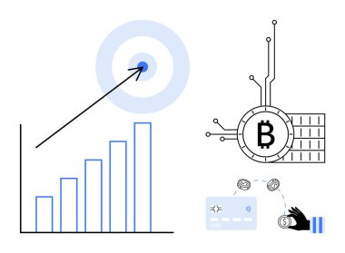 Çubuk grafik, hedef kitlesine doğru artan bir eğilim gösteriyor. Dijital madencilik ve ödeme unsurlarıyla şifreli bitcoin sembolünün yanında. Finans, yatırım, teknoloji, kripto para birimi ve analitik için ideal