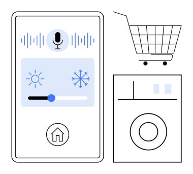 Alışveriş konsepti. Tasarım, ev aletlerini kontrol eden bir akıllı telefon ses kumandası, alışveriş arabası ve çamaşır makinesi için mikrofon gösteriyor. E-ticaret için ideal, akıllı evler, teknoloji, kolaylık