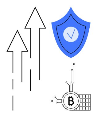 Yukarı doğru üç ok, işaretli mavi bir kalkan ve bir Bitcoin sembolü. Kripto para birimi büyümesi, engelleme zinciri güvenliği, finansal trendler, dijital finans ve yatırım başarısı için ideal. Basit.