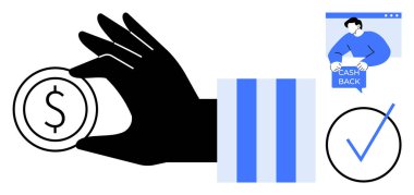 Siyah el bozuk para, işaretli bir çember ve nakit para işareti gösteren bir kişi. Finans, tasarruf, nakit para, online alışveriş, finansal büyüme için ideal. Minimalist stil