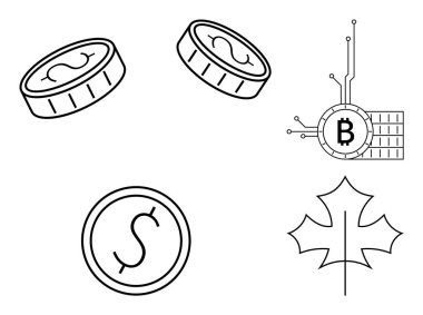 Dolar sembollü sikkeler, dijital devreli Bitcoin logosu ve akçaağaç yaprağı. Finans, kripto para birimi, blok zinciri, Kanada, dijital para birimi için ideal. Basit monokrom vektörü, minimalist biçim