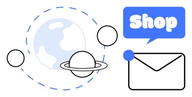 Halkaları ve uyduları olan bir gezegen. Basit zarf şeklinin yanında alışveriş hakkında mesaj yazan mavi konuşma balonu. Uzay temaları, çevrimiçi alışveriş, mesajlaşma, iş dünyası, iletişim için ideal