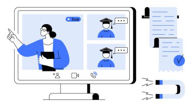 Öğretmen, kep ve cüppeli öğrencilerle birlikte bilgisayar ekranında canlı ders veriyor. Sanal öğrenme, çevrimiçi eğitim, dijital sınıflar, uzaktan eğitim, e-öğrenme platformları için ideal