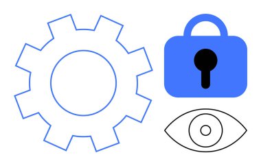 Basit bir tasarım içinde vites, kilit ve göz sembolleri. Ayarlar, güvenlik, görünürlük, gizlilik koruması ve kullanıcı arayüzü kavramları için idealdir. Minimalist ve modern stil