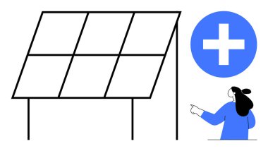 Geometrik bölümleri olan büyük bir güneş paneli ve beyaz artı sembollü büyük bir mavi daireyi işaret eden bir insan. Yenilenebilir enerji, temiz teknoloji, sürdürülebilirlik, çevre dostu